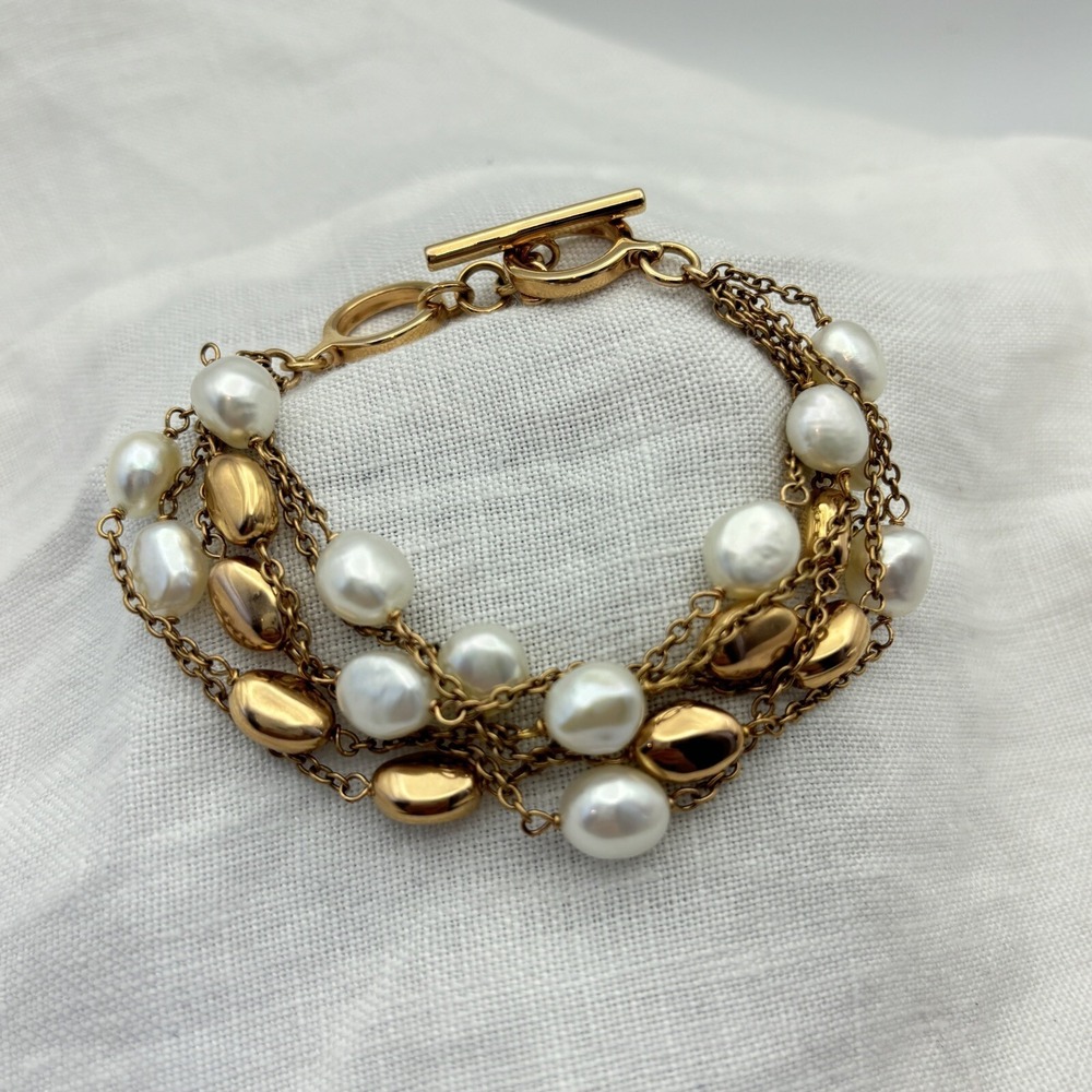 Vintage Honora Pearl Bronze Italy Multi-Strand Bead‎ Bracelet Toggle 7.5"